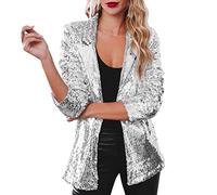 Duohropke Women's Sequin Jacket Casual Long Sleeve Glitter Blazer Bomber Jacket Festive Party Club Short Jacket Shiny Long Sleeve Glitter Jacket Women Glitter Tops Blazer, silver, 12