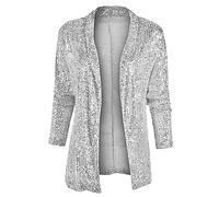 Duohropke Women's Shiny Sequin Jacket Cardigan Long Sleeve Bolero Tops Short Tops Elegant Blazer Glitter Party Outfits Clubwear, silver, XL
