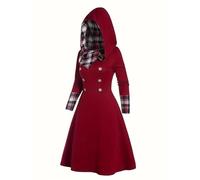 Duohropke Women's Turtleneck Hoodie Dress Vintage Checked Patchwork Hooded Dress Knitted Jumper Medium Length Wool Dress Long Sleeve Skater Dress Party Dress, red, XL
