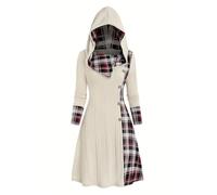 Duohropke Women's Turtleneck Hoodie Dress Vintage Checked Patchwork Hooded Dress Knitted Jumper Medium Length Wool Dress Long Sleeve Skater Dress Party Dress, beige, S