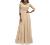 Duohropke Women's Wedding Guest Ball Dresses Long Festive Dresses Elegant Lace Prom Dress Evening Dresses For Wedding Cocktail Dress V Neck Summer Dress Hole Embroidery Tunic Dress, beige, L