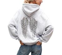 Duohropke Women's Winter Back Print Angel Wings Hoodie with Hood Warm Elegant Pullover with Sequins Winter Sports Long Sleeve Coat Cardigan Top Y2K Harajuku Streetwear, gray, M