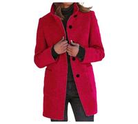 Duohropke Wool Coat Women's Long Winter Coat Medium Length Elegant Trench Coat Casual Tweed Transition Jacket Plain Casual Jacket Stand-Up Collar Jacket with Buttons Winter Jacket with Pockets, red, M