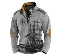 Duohropke Work Jumper Men's Sweat Jacket Costume Pullover with Sailing Ship Print Viking Long Sleeve Jumper with Elbow Patch Winter Buttons Long Sleeve Shirt Outdoor Loose Tops Sports Tops, gray, L