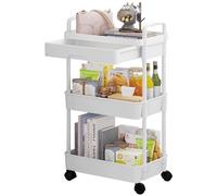 DUOJIN 3 Tier Plastic Rolling Utility Cart with Handle, Multi-Functional Storage Trolley with Mesh Baskets and Lockable Wheels for Bathroom Kitchen Office Classroom (White)