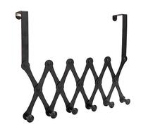 Duokon Stainless Steel Over the Door Hooks Telescopic Door Hanger 6 Hook Folding Rack Bright Lacquer Finish Space Saving Storage for Hats Backpacks in Bedroom Living Room (6 Hooks Black [no Need to