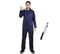 DUOLAM Halloween Carnival Michael Myers Costume: 2 Pack Scary Horror Killer Film Cosplay Costume Set for Adults and Blood Smudged Knife Fancy Dress Theme Party Work Overalls Jumpsuit (M)
