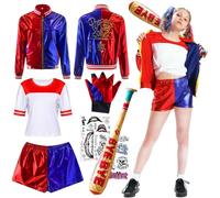 DUOLAM Quinn Girls Cosplay Costume: Halloween Girls Clown Squad Outfits Halloween with T-Shirt Jacket Trousers Gloves Inflatable Baseball Bat and Tattoo for Carnival Cosplay Party (150)
