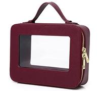 Duolan Clear Makeup Bag Travel Makeup Bag Transparent Cosmetic Case Clear Travel Toiletry Bag for Women, B/Burgundy, L, Portable Makeup Bag Clear Makeup Bag