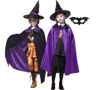duoleey Halloween Costume for Kids Witch Costume for for Girls Boys Purple Black Reversible Cloak Wizard Hat Bat Mask Fake Blood, Scar Wax Set for Witch Devil Vampire
