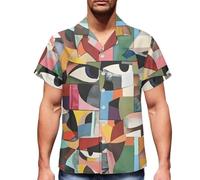 DUOLIFU Men Plus Size Summer Bowling Hawaiian Shirt Novelty Graphic Print Short Sleeve Button Down Aloha Shirts, Picasso Art Colorful Eyes, XXL