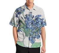 DUOLIFU Men Van Gogh Print Hawaiian Bowling Shirts Short Sleeve Regular Fit Summer Beach Casual Button Down Aloha Shirt, Vase With Irises, S