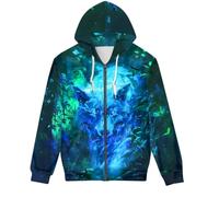 DUOLIFU Men Women Full Zip-Up Hoodies 3D Print Graphic Sweatshirts Cool Novelty Hooded Hoodie, Jungle Green Glow Wolf, M