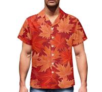 DUOLIFU Mens Hawaiian Shirts Casual Canadian Maple Leaf Print Shirts Short Sleeve Button Down Shirts, Red Orange Maple Leaf, XX-S