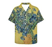 DUOLIFU Men's Stylish Van Gogh Oil Painting Print Short Sleeve Button Down Hawaiian Shirt, Irises, Medium