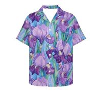 DUOLIFU Men's Stylish Van Gogh Oil Painting Print Short Sleeve Button Down Hawaiian Shirt, Purple Van Gogh Irises, S