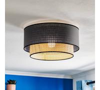 Duolla Boho ceiling lamp, black/wood, Ø 45 cm, fabric/rattan