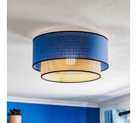 Duolla Boho ceiling lamp, blue/wood/black, Ø 45 cm, fabric/rattan