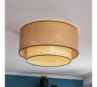 Duolla Boho ceiling lamp, brown/wood/black, Ø 60 cm, fabric/rattan
