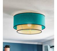 Duolla Boho ceiling lamp, petrol blue/wood/black, Ø 45 cm, fabric/rattan