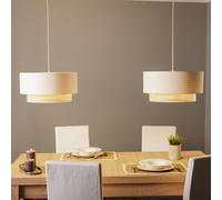 Duolla Boho hanging light, ecru/wood, 2-bulb, fabric/rattan