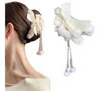 DuomaiJJ Hair Claw Clips 2-pack Tassel Bow Clip Large Size Women's Autumn Winter Accessories Back Of The Head Bun Headdress-white 1
