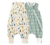 Duomiaomiao Sleeping Bag with Legs, 100% Cotton 0.5 Tog Summer Baby Sleep Bag Toddler Sleeping Sack with Feet for 3-4 Years Boys Girls 2 Pack, Green&Panda