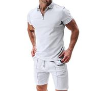 DUOMIYX T-shirt 2-Pack Men Fashionable Lapel Zip Short Sleeve Polo Shirt And Shorts Summer Casual Set-White-Xl