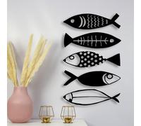 DUOOLN Metal Wall Art Decor,5PCS Fish Family, Iron Modern Marine Iron Minimalist Sculpture Hanging Sign, Rustic Home Decorative Artwork for Indoor Outdoor Kitchen Bathroom Patio Pool Porch-13.7x3.9in