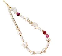 Duories Mobile Phone Chain Beads Mobile Phone Pendant, Bohemian Smiley Star Moon Clay Beads Phone Charm Strap Beads Lanyard Wrist Chain Wrist Bracelet Phone Charm Strap Cord Lanyard, White,Pink