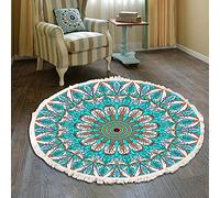 Duories Vintage Boho Cotton Rugs Mandala Pattern Washable Hand-Woven Bohemian Round Rug with Tassels for Bedroom Hallway Living Room Coffee Table Floor Mats Machine Washable 60 cm Flowers #34