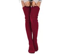 Duories Women's Extra Long Overknee Socks, Warm Winter Socks, Chunky Knit Socks, Girls' Knee Socks, Overknee Stockings, Tights, Winter Stockings, Knitting High Knee Socks, Wine Red