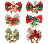 DUORUIMI 6pcs Christmas Tree Bows Ribbon Hanging Decorations with Bells Ornaments Pendant for New Year Xmas Party Multicolored