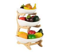 DUOSAMY Fruit Plate Set 3 Tiered Fruit Basket Ceramic Fruit Bowl, Vegetable Storage for Kitchen Counter, Bamboo Porcelain Fruit Stand Holder Large Capacity, for Kitchen Party Restaurant (White)