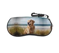 DUOTAOXX Tropical Beach Palm Theme Print Eyeglass Case For Women Men Portable Sunglasses Soft Case With Carabiner, Golden Retriever on the Beach, One Size