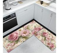 DUOTCYELE 2 PCS Daisies Roses Kitchen Rugs Sets Non Slip Washable Watercolor Flowers Kitchen Rugs and Mats for Floor Runner Rug Floor Carpet for Laundry, Hallways 45x75cm+45x150cm