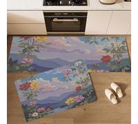 DUOTCYELE 2 PCS Roses Daisies Mountains Rivers Kitchen Rugs Sets Non Slip Washable Fresh Pastoral Style Kitchen Rugs and Mats for Floor Runner Rug Floor Carpet for Laundry, Hallways 45x75cm+45x150cm