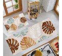 DUOTCYELE 2 Pieces Non Slip Brown Monstera Deliciosa Kitchen Rug Set, Water Absorbent Retro Boho Style Floor Mats, Beige Kitchen Carpets and Rugs for Home Dining Room and Entryway, 50x80cm+50x150cm