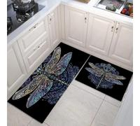 DUOTCYELE 2 Pieces Non Slip Dragonfly Datura Kitchen Rug Set, Water Absorbent Retro Ethnic Style Floor Mats, Purple Kitchen Carpets and Rugs for Home Dining Room and Entryway, 50x80cm+50x150cm