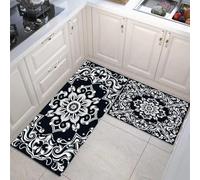 DUOTCYELE 2 Pieces Non Slip Flowers Vines Patterns Kitchen Rug Set, Water Absorbent Retro European Style Floor Mats, Black Kitchen Carpets and Rugs for Home Dining Room and Entryway, 50x80cm+50x150cm