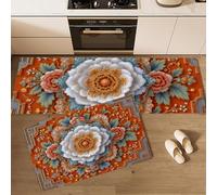 DUOTCYELE 3D Peony Relief Kitchen Rug Sets 2 Piece Traditional Chinese Art Kitchen Mats Non Slip Washable Runners Floor Mat Orange for Kitchens Laundry Room Hallway 50x80cm+50x150cm