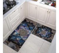 DUOTCYELE 3D Wall Opening Mandala Kitchen Rug Sets 2 Piece Retro Ethnic Style Kitchen Mats Non Slip Washable Runners Floor Mat Dark Blue for Kitchens Laundry Room Hallway 40x60cm+40x120cm