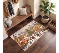 DUOTCYELE 45 x 75 cm Retro Christmas Door Mats | Non-slip Washable Christmas Tree Small Town Entry Rug for Layered Door Mats Front Porch Entryway Kitchen New Year Decor