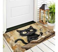 DUOTCYELE Abstract Black Cat Door Mats Printed Doormat, Flannel Floor Mat with Non-slip Doormat, Housewarming Decor Gift for Retro Cartoon Animal Welcome Doormats 50 x 80 cm