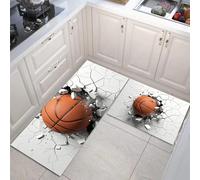 DUOTCYELE Basketball Breaks Through Wall Kitchen Rug Sets 2 Piece 3D Stereoscopic Style Kitchen Mats Non Slip Washable Runners Floor Mat Gray White for Kitchens Laundry Room Hallway 45x75cm+45x150cm