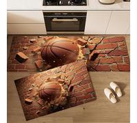 DUOTCYELE Basketball Hitting Brick Wall Kitchen Rug Sets 2 Piece 3D Abstract Motion Kitchen Mats Non Slip Washable Runners Floor Mat Brown for Kitchens Laundry Room Hallway 45x75cm+45x150cm