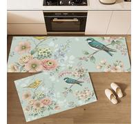 DUOTCYELE Birds Flowering Branches Kitchen Rugs and Mats Non Skid Washable Set of 2, Retro Classic Style Kitchens Mats for Floor, Light Green Kitchen Runner Rug Decor, 40x60cm+40x120cm