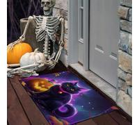 DUOTCYELE Black Cat Pumpkin Spider Web Door Mat 90 x 150 cm Washable Rug | Soft Short Pile Non-slip Neon Cartoon Doormat Rug for Entrance Entryway Corridor Indoor Outdoor Decor, Purple