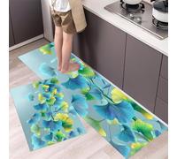DUOTCYELE Blue Green Ginkgo Leaves Kitchen Rugs Runner Set of 2, Fresh Plants Kitchen Floor Mat for Home Decor Office Waterproof Non Slip Rug Set Comfort Standing Mats 50x80cm+50x150cm