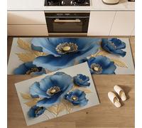 DUOTCYELE Blue Poppy Kitchen Rugs Runner Set of 2, Modern Luxury Flower Kitchen Floor Mat for Home Decor Office Waterproof Non Slip Rug Set Comfort Standing Mats 45x75cm+45x150cm